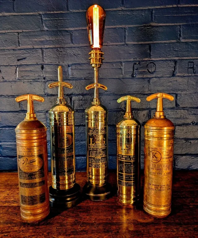 Vintage transport fire extinguishers at various stages of the reimagining process 

#reimagined #vintage #fire #lamps #georgejuniperandco #peasenhall #lighting #creatives #bedifferrent